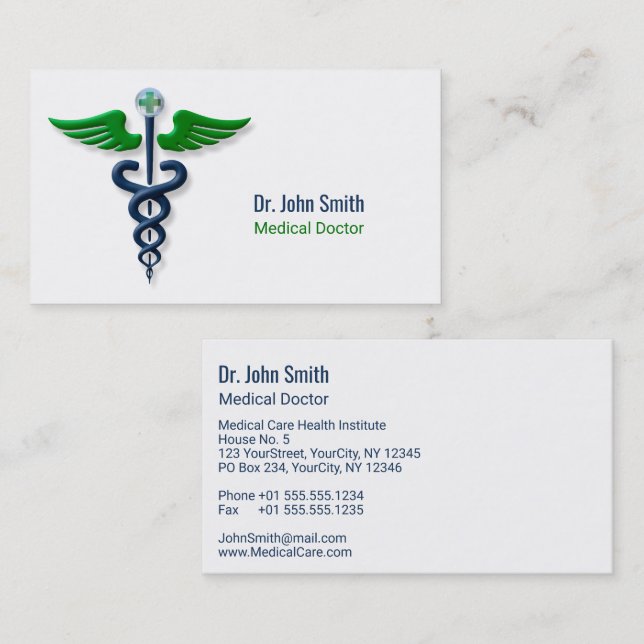 Stylish Blue Medical Caduceus Green Wings Cross Business Card (Front/Back)