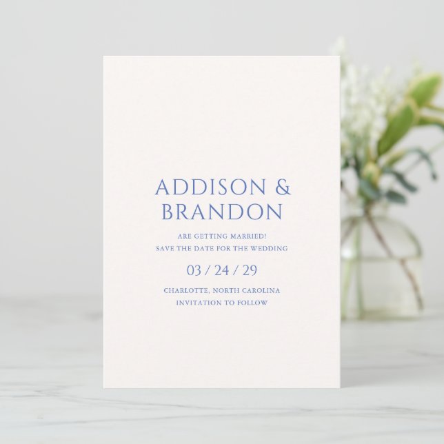 Stylish Blue Modern Wedding Save The Date (Standing Front)