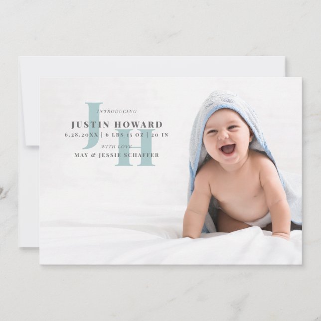 Stylish Blue Monogram Baby Photo Birth Announcement (Front)