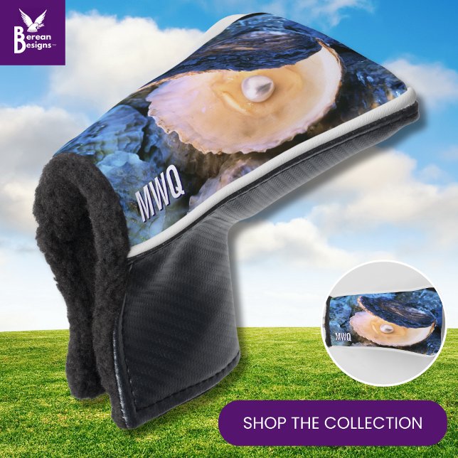 Stylish Blue Pearl Oyster Monogram Golf Head Cover (Blue OYSTER golf head cover with CUSTOMIZABLE INITIALS. Ideal Mother's Day gift for women golfers)
