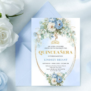 Stylish Blue Peony Gold Floral Quinceañera Card