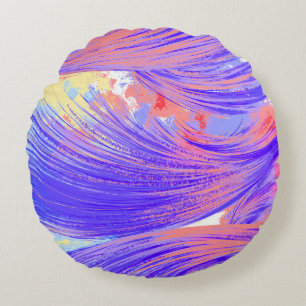 Stylish blue pink Abstract Feathers Round Cushion