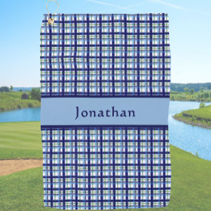 Stylish Blue Plaid Personalized Name Golf Towel