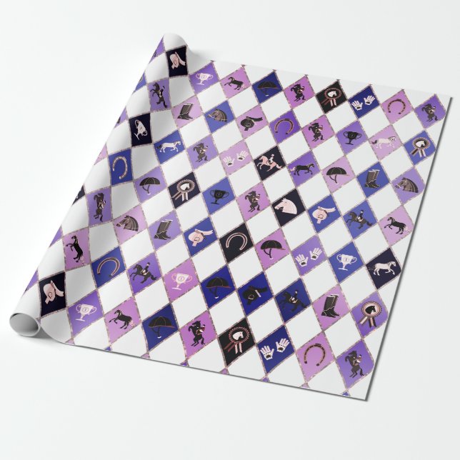 Stylish Blue Purple Equestrian Diamond Pattern Wrapping Paper (Unrolled)