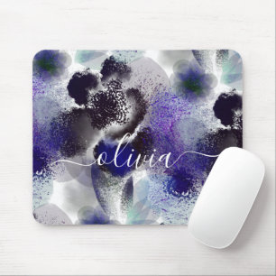Stylish Blue Purple Floral Signature Monogram Mouse Pad