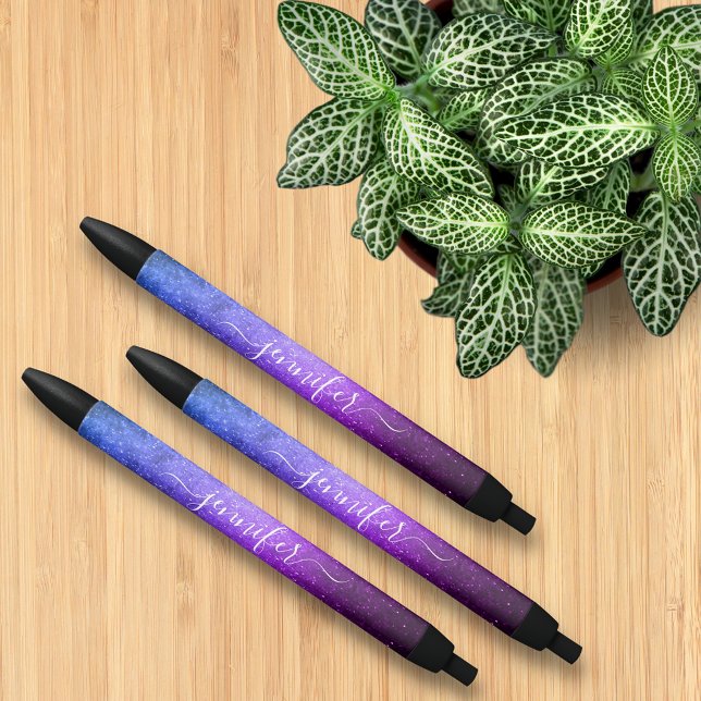 stylish blue purple galaxy stars personalised black ink pen (Creator Uploaded)
