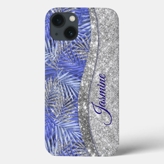 stylish blue purple silver glitter leaves monogram Case-Mate iPhone case (Back)