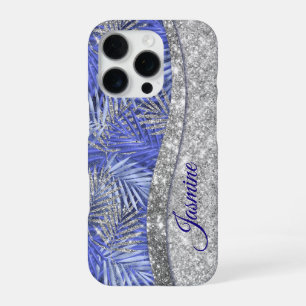 stylish blue purple silver glitter leaves monogram iPhone 16 pro case
