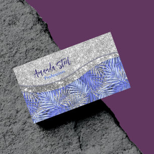 stylish blue purple silver glitter leaves monogram Magnetic business card