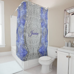 stylish blue purple silver glitter leaves monogram shower curtain