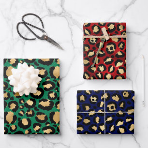 Stylish Blue, Red and Green Leopard Spots Safari Wrapping Paper Sheet