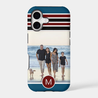Stylish Blue Red Striped Monogram Custom Photo