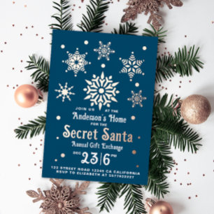 Stylish Blue Secret Santa Snowflakes  Foil Holiday Card