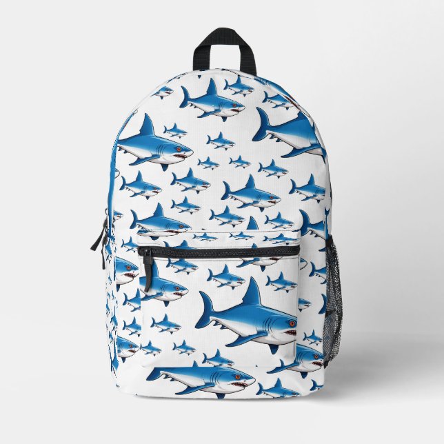 Stylish Blue Shark Pattern Printed Backpack (Front)