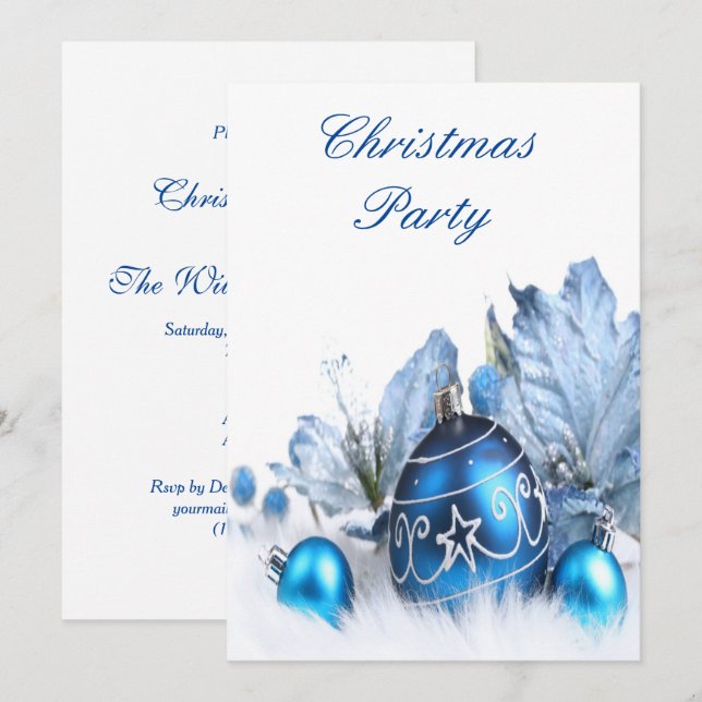 Stylish Blue & Silver Holiday Christmas Party Invitation (Front/Back)