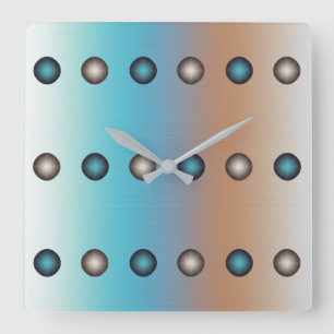Stylish Blue & Silver Polka Dots on Blue & Orange Square Wall Clock