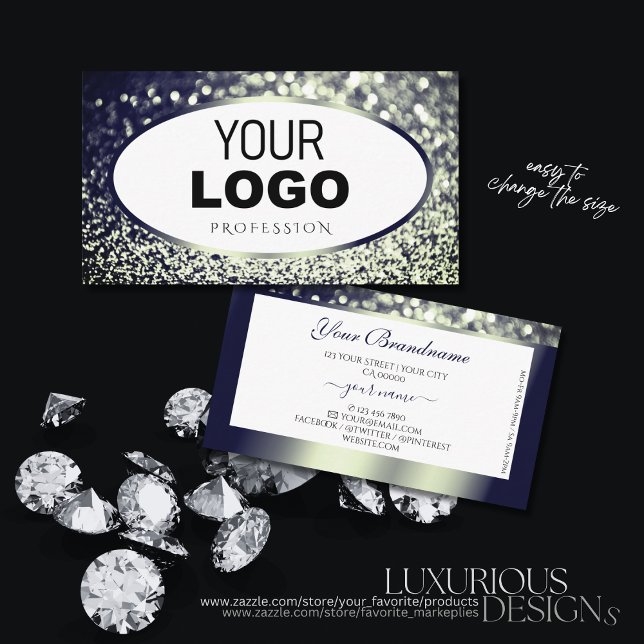 Stylish Blue Silver Sparkle Glitter White add Logo Business Card (Creator Uploaded)