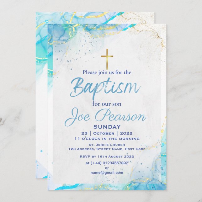 Stylish Blue Son Baptism Invitation Card (Front/Back)