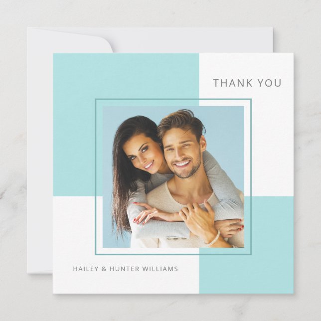 Stylish Blue Square Wedding Thank You with Photo Card (Front)