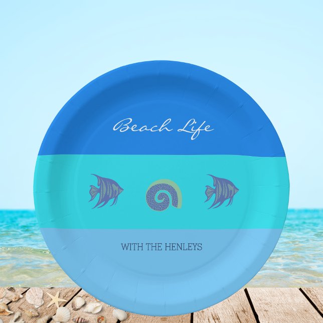 Stylish Blue Stripes Fish Shells Beach House Paper Plate (Creator Uploaded)