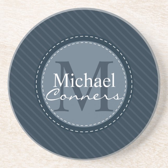 Stylish Blue Stripes w/Monogram Coaster (Front)