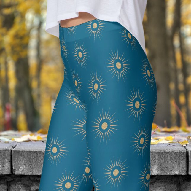 Stylish Blue Sun Burst Pattern Leggings (Sun Burst on Ocean Blue)