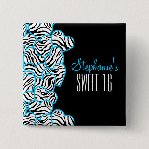 Stylish Blue Sweet 16 Zebra Heart Design Name  15 Cm Square Badge