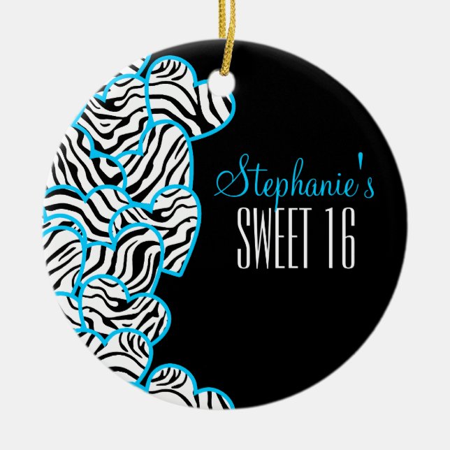 Stylish Blue Sweet 16 Zebra Heart Design Name  Ceramic Tree Decoration (Front)