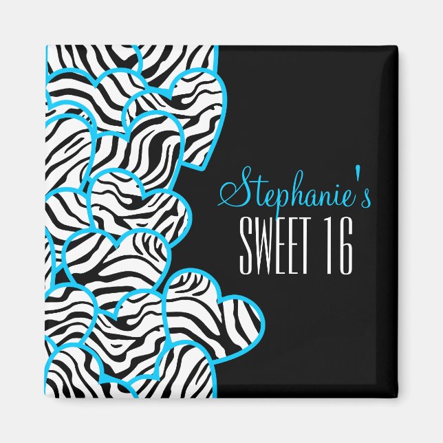 Stylish Blue Sweet 16 Zebra Heart Design Name  Magnet (Front)