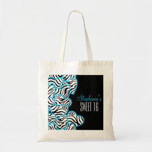 Stylish Blue Sweet 16 Zebra Heart Design Name Tote Bag