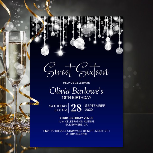Stylish Blue Sweet Sixteen Birthday Party Invitation (Creator Uploaded)