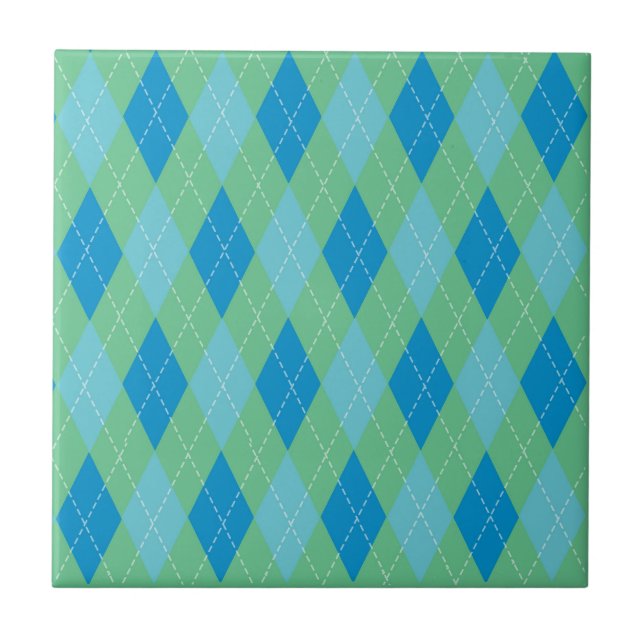 Stylish Blue Teal Green Argyle Pattern Ceramic Tile (Front)