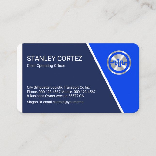 Stylish Blue Trapezium Layers Business Owner Business Card (Front)