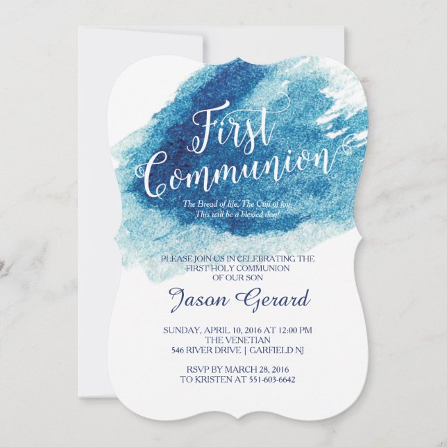 Stylish Blue Watercolor First Communion Invitation (Front)