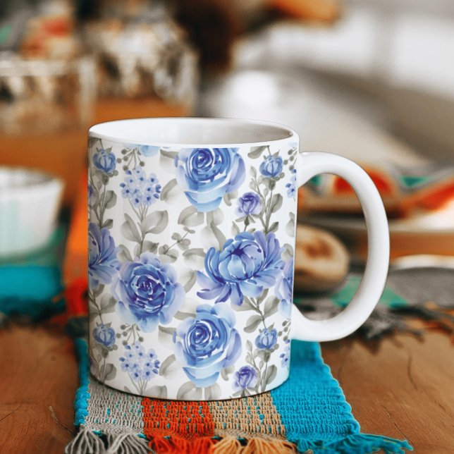 Stylish Blue Watercolor & Grey Floral Pattern Coffee Mug (Creator Uploaded)