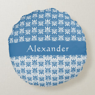 Stylish Blue & White Greek Floral Custom  Round Cushion