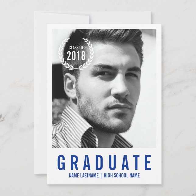 Stylish Blue White Modern Photo Graduate Invite (Front)