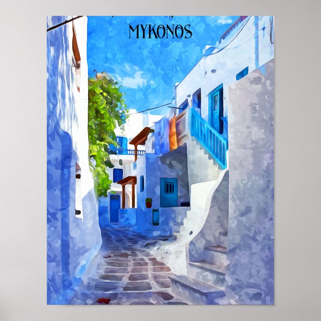 Stylish Blue White Mykonos Greece Painting Poster (Front)