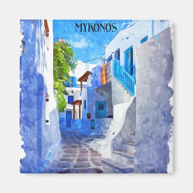 Stylish Blue White Mykonos Greece Watercolor Magnet (Front)