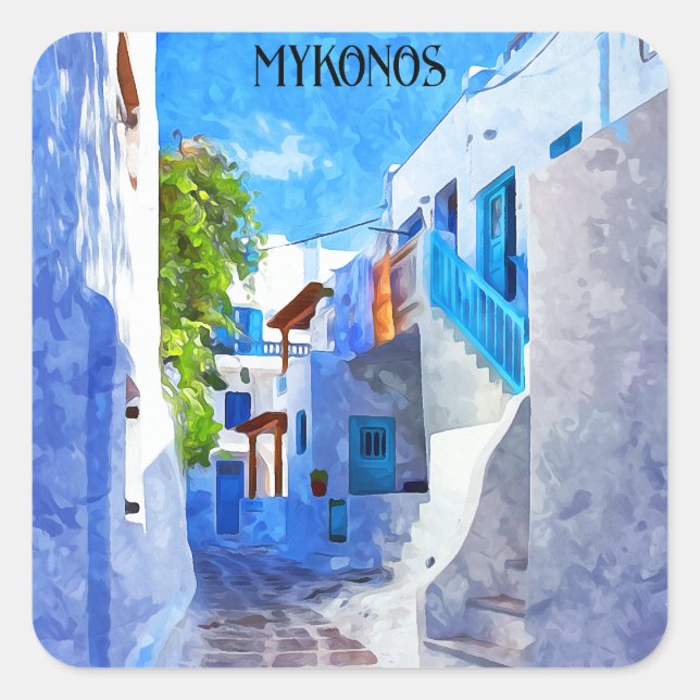 Stylish Blue White Mykonos Greece Watercolor Square Sticker (Front)