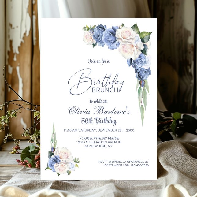 Stylish Blue White Rose Floral Birthday Brunch Invitation (Creator Uploaded)