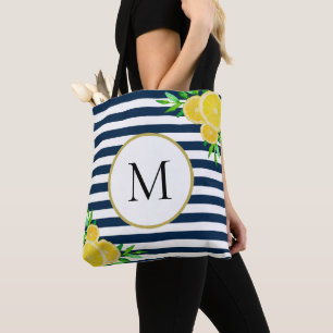 Stylish Blue White Stripes Summer Lemon Monogram Tote Bag