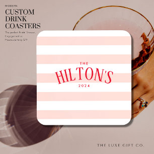 Stylish Blush and Red Stripe Bridal Shower Gift Coaster