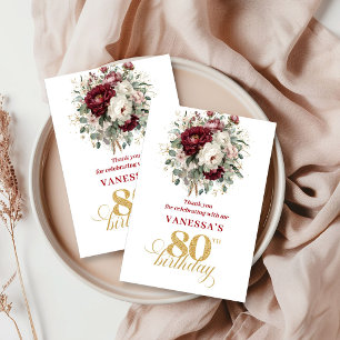 Stylish Blush Burgundy 80th Birthday Thank You Card