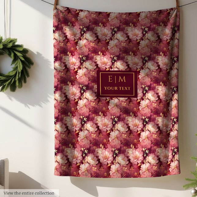 Stylish Blush Burgundy Gold Custom Boho Floral  Fleece Blanket (Stylish Blush Burgundy Gold Custom Boho Floral Fleece Blanket)