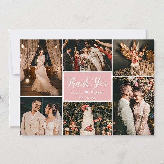 Stylish Blush Pink 6 Photo Collage Wedding Thank You Card (Front)