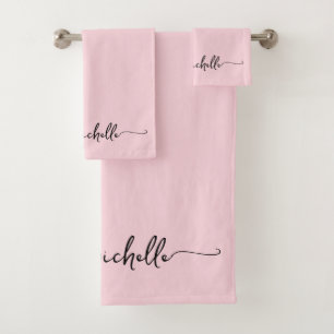 Stylish Blush Pink Monogram Name Script Signature  Bath Towel Set