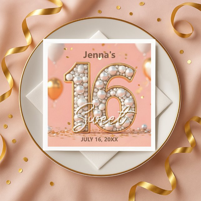 Stylish Blush Pink Pearl Gold Sweet 16 Birthday  Napkin (Creator Uploaded)