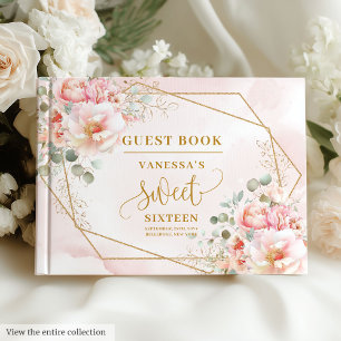 Stylish Blush Pink Sage Gold Floral Sweet Sixteen Guest Book