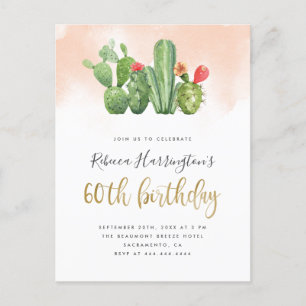 Stylish Blush Watercolor & Cactus 60th Birthday Invitation Postcard